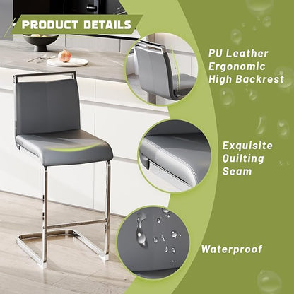 Bar Stools Set of 6,25" Counter Height Bar Stools with Footrest,Grey Faux Leather Kitchen Stools with Chrome Plated Metal Leg,Counter Height Stool Ideal for Island Pub Kitchen Counter Dining Chair