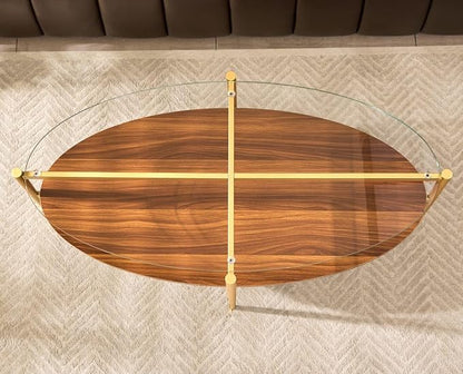 AGV LIGHTING Oval Coffee Table, Mid-Century Modern Coffee Table, Glass Coffee Table, Glod Finish Legs, Thick Tempered Clear Glass Top with Walnut MDF Shelf