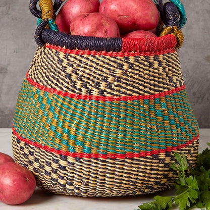 Kitchen Decor, Kitchen Storage, Fruit Basket, Wicker Basket, Woven, Shelf Decor, Decorative Basket, Harvestng Basket, Boho, African, Bolga, Pot Shape, 9" W, Small, Dark Green