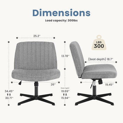 DUMOS Desk Chair No Wheels, Criss Cross Chair Wide Cross Legged Desk Vanity Comfy Chair, Armless Adjustable Swivel Chairs for Home Computer Task Gray