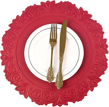 Noctiflorous Round Faux Leather 15 Inch Placemats Set of 6 Waterproof Wipeable Heat Resistant Tablemat for Dining Table Kitchen Non Slip Washable Oilproof Table Place Mat(Holly Red, 6)