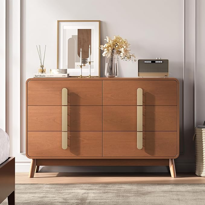 Dresser for Bedroom with 6 Drawers,Mid Century Modern Dresser with Storage,47" Wide Chest of Drawers with Metal Handles,Large Wood Drawer Organizer for Bedroom,Living Room,Hallway,Cherry