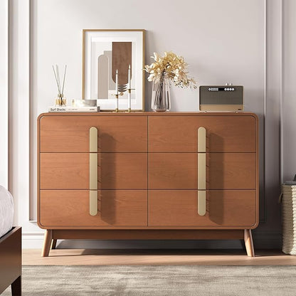 Dresser for Bedroom with 6 Drawers,Mid Century Modern Dresser with Storage,47" Wide Chest of Drawers with Metal Handles,Large Wood Drawer Organizer for Bedroom,Living Room,Hallway,Cherry