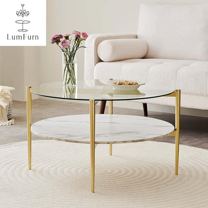 Round Coffee Table for Living Room, Mid-Century Modern Design, D30 x H17, 2-Tier Structure, Clear Glass Top and White Marble Finish Wood Shelf, Sleek Conical Metal Legs with Gold Finish Frame