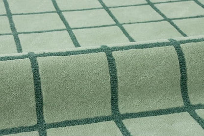 Mint Green Scalloped Edge Wool Area Rug with Checker Grid Design, Hand-Tufted Soft Carpet for Living Room, Bedroom, Nursery, Kids & Playroom Décor - 6x8 Ft