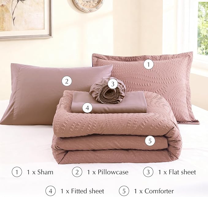 Geniospin Twin Comforter Set - 5 Pieces Dusty Pink Bedding Set, Botanical Textured Comforter Bed Set, All Season Lightweight Bed in a Bag with Comforter, Sheets, Pillowcases & Shams