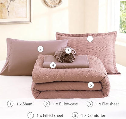 Geniospin Full Size Comforter Set - 7 Pieces Dusty Pink Bedding Set, Botanical Textured Comforter Bed Set, All Season Lightweight Bed in a Bag with Comforter, Sheets, Pillowcases & Shams