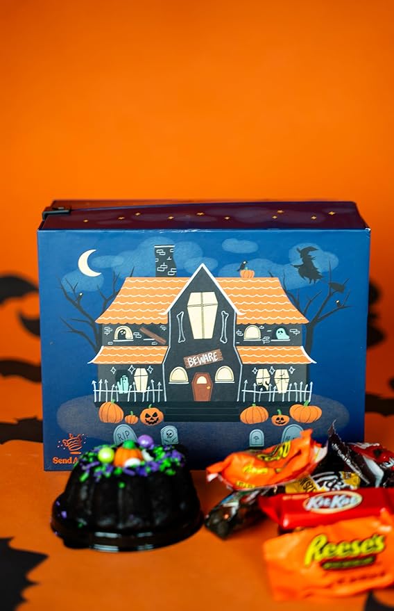 Send A Cake Haunted House Halloween Box with Flying Bat & Candy Kaboom – 3" Chocolate Witch Cauldron Cake – Fun Halloween Treat Delivery for Kids & Adults