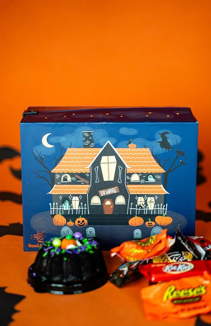 Send A Cake Haunted House Halloween Box with Flying Bat & Candy Kaboom – 3" Chocolate Witch Cauldron Cake – Fun Halloween Treat Delivery for Kids & Adults