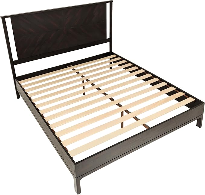 Bme Vivian 14 Inch Deluxe Bed Frame with Headboard, Rustic & Scandinavian Style with Solid Acacia Wood, No Box Spring Needed, 12 Strong Wood Slat Support, Easy Assembly, King, Rustic Black