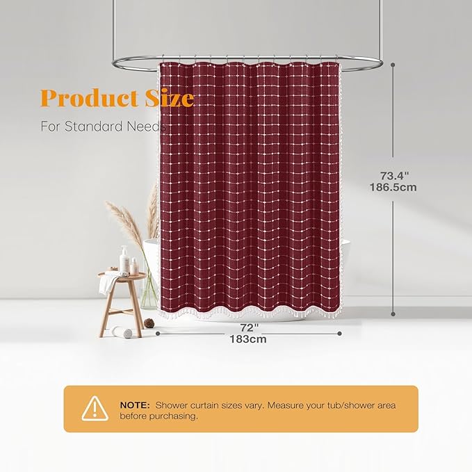 BTTN Boho Farmhouse Shower Curtain, Linen Rustic Heavy Duty Fabric Shower Curtain Set with Tassel, Water Repellent, Bohemian Vintage Country Thick Cloth Shower Curtains for Bathroom - Burgundy - 72x72