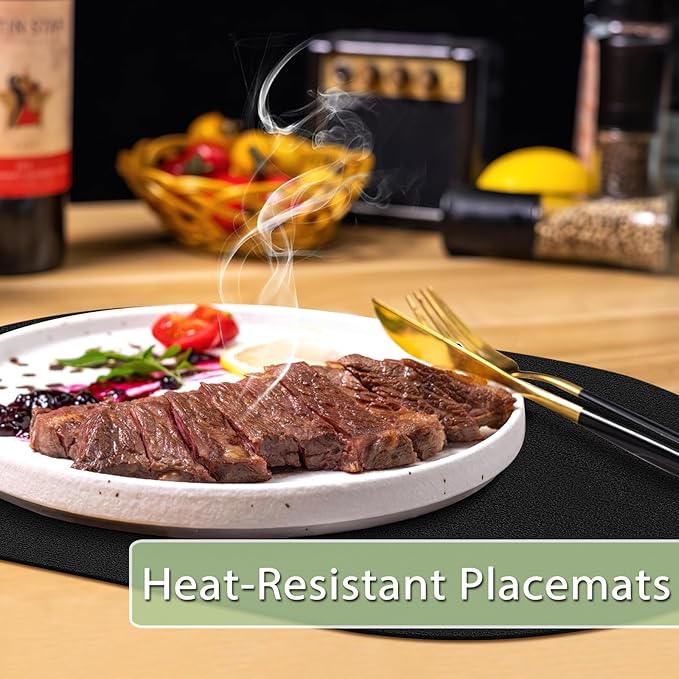 Placemats Set of 12 Washable, Heat Resistant Table Placemats Wipeable Faux Leather Oval Place Mats Non Slip, Waterproof Oval Table Mats for Indoor Outdoor, Black