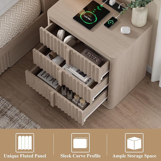 Fluted Nightstand Set of 2 with Charging Station, 23.6" Wood End Table with Solid Wood Handle, Mid Century Moden Bedside Table for Bedroom, Living Room, White Alder