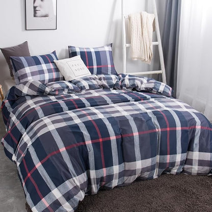 CLOTHKNOW Navy Blue Plaid Queen Comforter Set 3Pcs Tartan Bedding Comforter Sets All Season Soft Blue Grid Buffalo Comforter with 2 x Pillow Cases