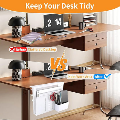 Desk Side Storage Under Desk Laptop Holder, No Drill Hanging Desk Organizer with Pen Holder, Clamp-On Table Side Desktop Organization Mount for Office and Home (White)