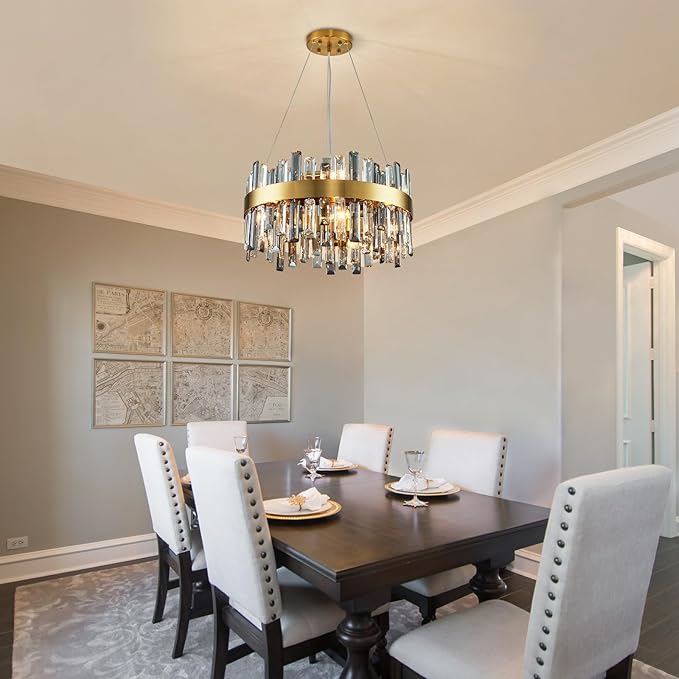 Siljoy 12-Light Modern Crystal Chandelier Luxury Gold 2-Tiers K9 Crystal Raindrop Chandelier Pendant Ceiling Light Fixture for Living Dining Room Kitchen Island Bedroom Foyer D19.7''