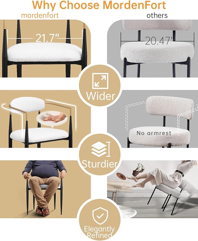 Morden Fort Modern Dining Chairs Set of 6, Upholstered Boucle Dining Chairs with Gold Armrest and Black Metal Legs, for Kitchen, Living Room and Lounge
