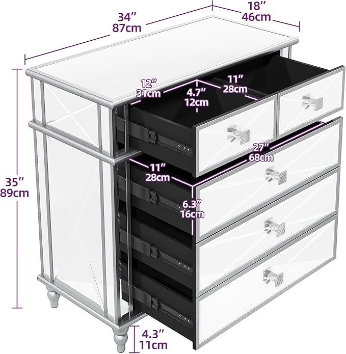 DWVO Silver 5 Drawer Dressers for Bedroom 35" Accent Chest with Drawers