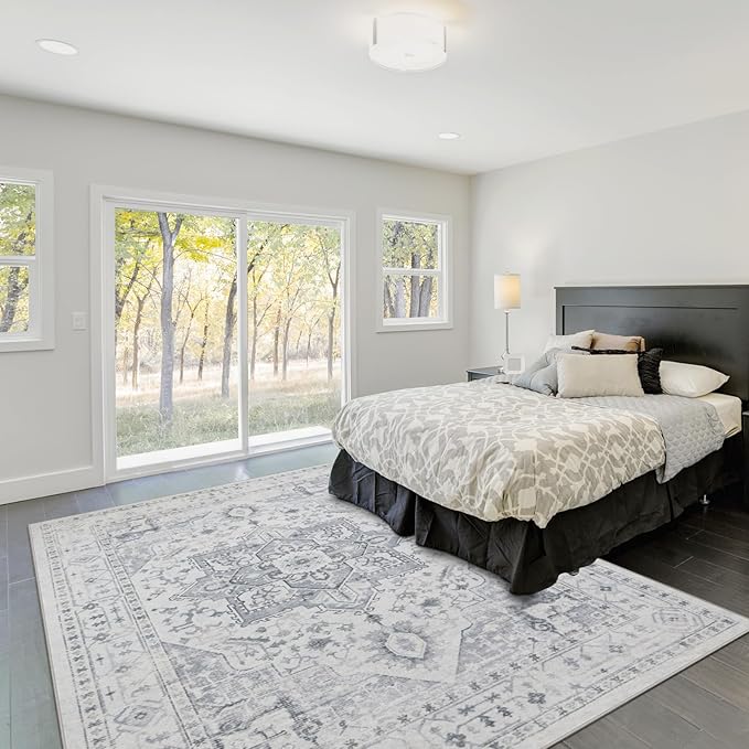 Area Rug 6x9 Washable Area Rugs for Living Room- Ultra Soft Non-Shedding Faux Wool Bedroom Rug Large Grey Vintage Print Rugs with Non Slip Rubber- Indoor Retro Foldable Carpet for Dining Room