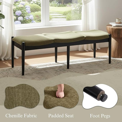 DUOMAY 55'' Modern Ottoman Bench, Chenille Upholstered Entryway Bench Bedroom Bench with Wood Legs, End of Bed Bench for Bedroom, Living Room, Corners, Kitchen, Green