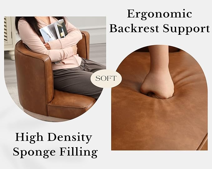 Comfy Barrel Chair Mid Century Modern Accent Chair with Solid Wood Leg Upholstered Reading Arm Chair Faux Leather Waiting Room Round Side Chairs for Small Spaces Living Room Bedroom Office, Brown