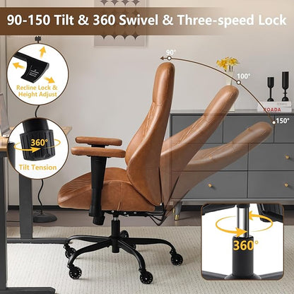 YFO Home Office Chair High Back Office Rubber Casters Ergonomic Computer Chair with Lumbar Support Adjustable Height Rolling Swivel Chair Executive Task Armrests， Brown Leather