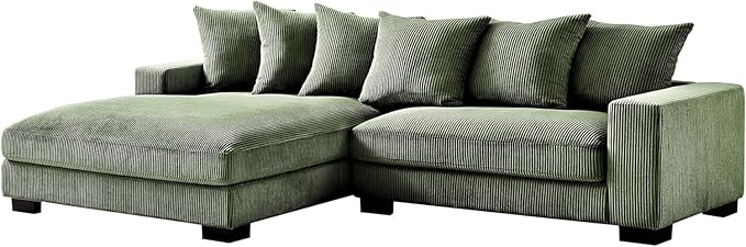 Container Furniture Direct Luxe 2 Piece Sectional Sofa with Chaise Corduroy Upholstery Left Facing, Dark Green