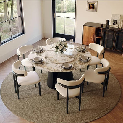 POVISON Round Dining Table for 6, 59" Modern Round Dining Room Table with Lazy Susan, Pandora Sintered Stone Dining Tabletop with Black Carbon Steel Pedestal (Dining Table Only)