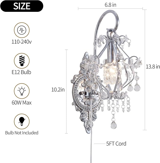 Silver Crystal Vintage Plug in Wall Sconces Set of 2 Indoor Wall Light Fixture, Modern Wall Mount Lamp Light for Bedroom Living Room Bathroom Vanity Light Hallway Light Fixture Decor LED E12