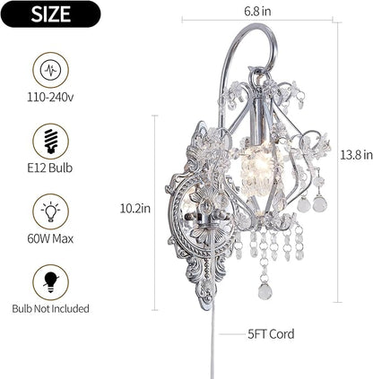Silver Crystal Vintage Plug in Wall Sconces Set of 2 Indoor Wall Light Fixture, Modern Wall Mount Lamp Light for Bedroom Living Room Bathroom Vanity Light Hallway Light Fixture Decor LED E12