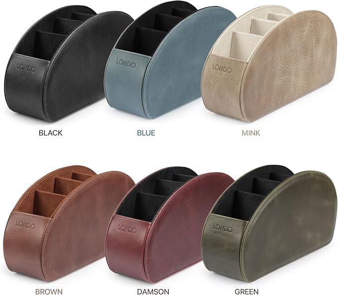 Londo Remote Control Holder with 5 Pockets - Store DVD, Blu-Ray, TV, Roku or Apple TV Remotes - Italian Genuine Leather with Suede Lining - Slim, Compact Living or Bedroom Storage