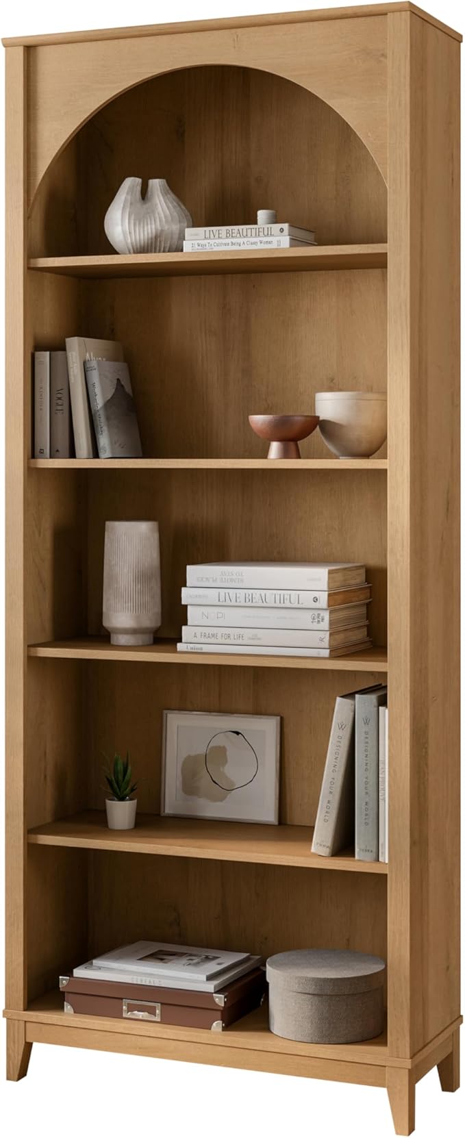 Prepac Ark 78" Tall 5-Tier Arched Bookcase in Natural Oak Veneer, Modern Storage Accent Bookshelf with 3 Adjustable Shelves for Home, Office, Living Room, Bedroom 78”H x 32”W x 13”D