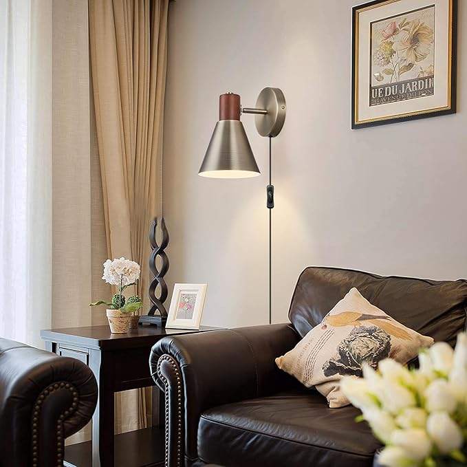 Plug in Wall Sconces Lighting Fixture Pack of 2, Vintage Brass Wooden Adjustable Bedside Wall lamp for Industrial Bedroom, Bathroom Sink Lighting (Plug-in Vintage Brass, 2)