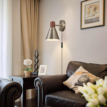 Plug in Wall Sconces Lighting Fixture Pack of 2, Vintage Brass Wooden Adjustable Bedside Wall lamp for Industrial Bedroom, Bathroom Sink Lighting (Plug-in Vintage Brass, 2)