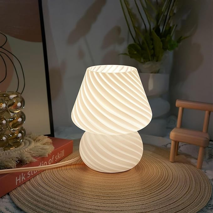 ONEWISH Mushroom Lamp-Small Table Lamp with Striped Glass, Nightstand Lamp for Bedroom, Living Room, 3000K E26 Bulb Included(White)
