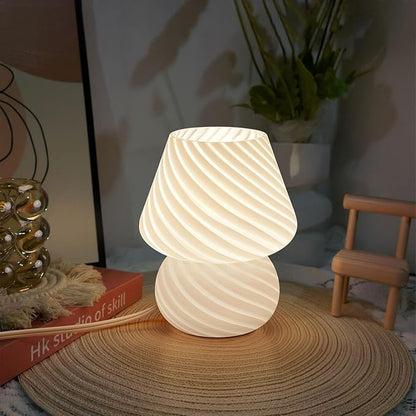 ONEWISH Mushroom Lamp-Small Table Lamp with Striped Glass, Nightstand Lamp for Bedroom, Living Room, 3000K E26 Bulb Included(White)