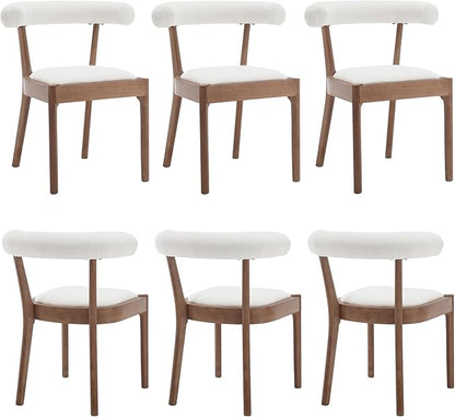 Wood Dining Chairs Set of 6, Mid Century Modern Living Room Chairs with Unique Curved Open Back Comfy Upholstered Side Chair for Kitchen/Restaurant/Reception, Linen White