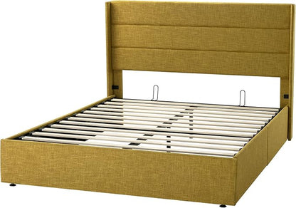 Allewie Full Size Lift Up Storage Bed, Modern Wingback Headboard, Hydraulic Support, No Box Spring Needed, Olive Yellow