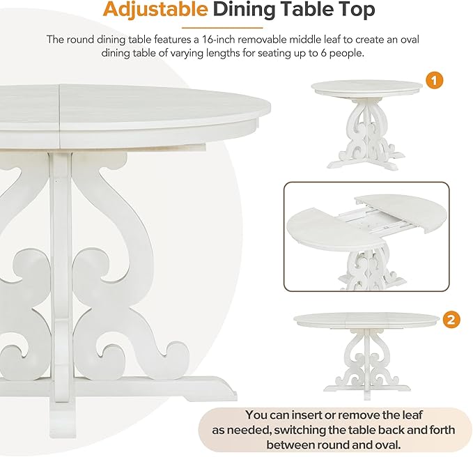 Merax Round Solid Wood Dining Table Set for 4, Farmhouse Kitchen Table Set with 4 Upholstered Chairs, 5-Piece Table and Chairs Set for Kitchen, Dining Room, Living Room, Antique White