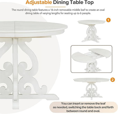 Merax Round Solid Wood Dining Table Set for 4, Farmhouse Kitchen Table Set with 4 Upholstered Chairs, 5-Piece Table and Chairs Set for Kitchen, Dining Room, Living Room, Antique White