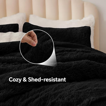 BEDELITE Black Fluffy Comforter Set King Size, Fuzzy Faux Fur Comforter Bedding Set, 3Pieces Soft Warm Shaggy Bed Set (1 Comforter & 2 Pillowcases) as Gifts for Women
