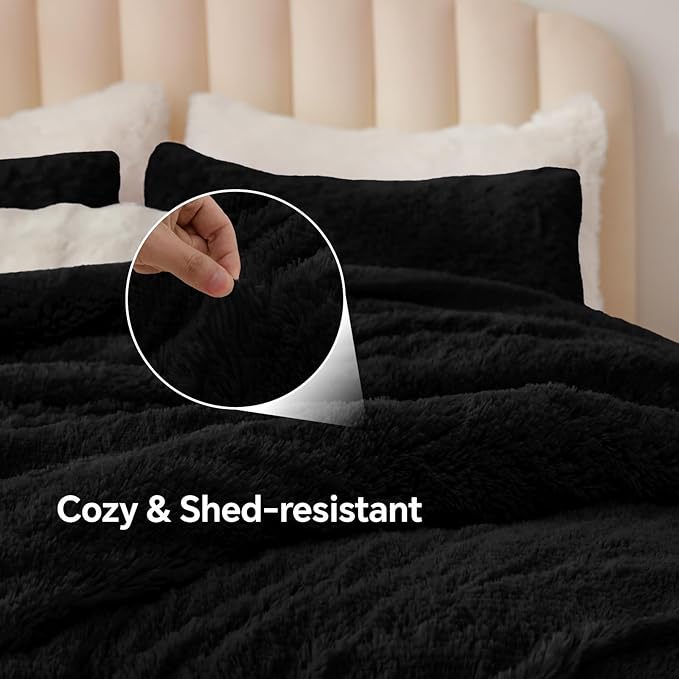 BEDELITE Black Fluffy Comforter Set Queen Size, Fuzzy Faux Fur Comforter Bedding Set, 3Pieces Soft Warm Shaggy Bed Set (1 Comforter & 2 Pillowcases) as Gifts for Women