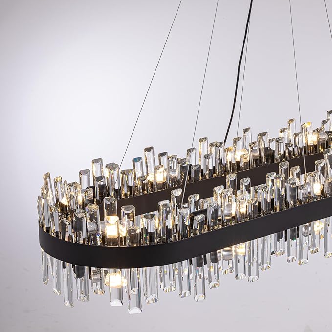 Siljoy Modern Crystal Chandelier for Dining Room, 20 Lights Large Black Rectangular 2-Tiers K9 Crystal Raindrop Chandelier Pendant Ceiling Light Fixture for Living Room Kitchen Island Bar L52’’