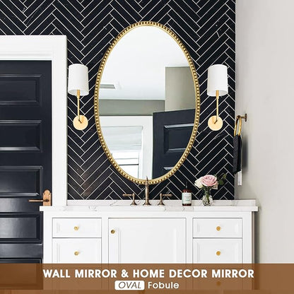 Oval Wall Mirror for Bathroom, 26"x39" Antique Gold Metal Beaded Frame Decorative Accent Mirror, Large Hanging Vanity Mirror for Bedroom, Living Room, Entryway