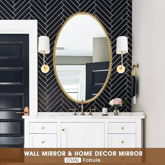 Oval Wall Mirror for Bathroom, 26"x39" Antique Gold Metal Beaded Frame Decorative Accent Mirror, Large Hanging Vanity Mirror for Bedroom, Living Room, Entryway