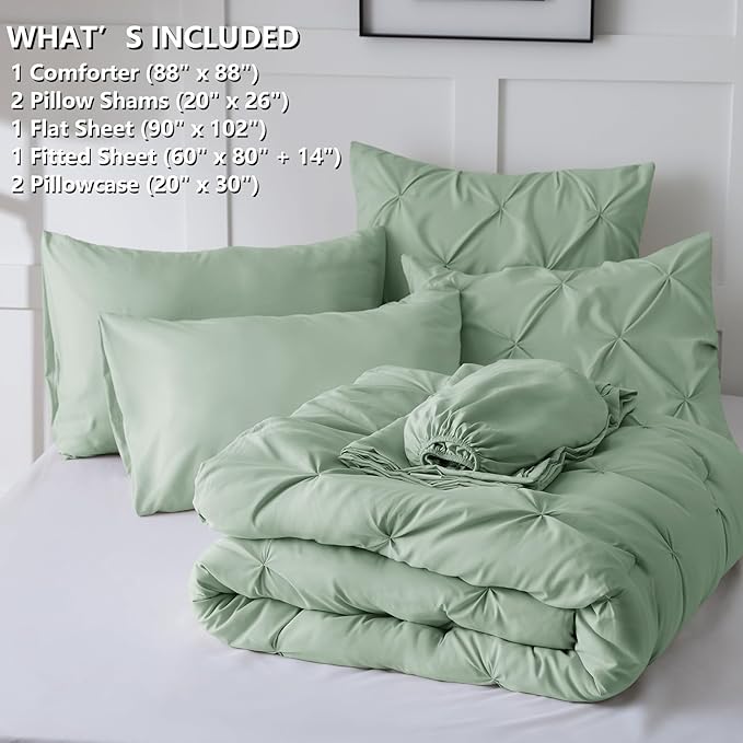 CozyLux Queen Comforter Set Sage Green, 7 Pieces Pintuck Bed in A Bag, Premium Green Comforter Queen Size, Pinch Pleat Bedding Sets with Comforter, Sheets, Pillowcases & Shams