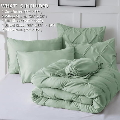 CozyLux Queen Comforter Set Sage Green, 7 Pieces Pintuck Bed in A Bag, Premium Green Comforter Queen Size, Pinch Pleat Bedding Sets with Comforter, Sheets, Pillowcases & Shams