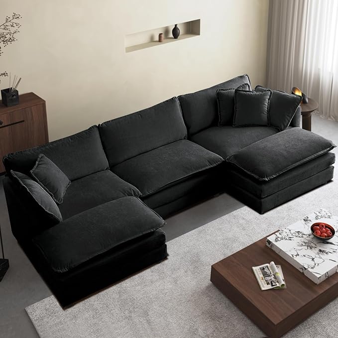 SoarFlash Chenille Sectional Sofa, Comfy L Shaped Modular Coush Sofa with Ottoman, Modern 3 Seat Couch Deep Seat Sofa Set for Living Room,Grey
