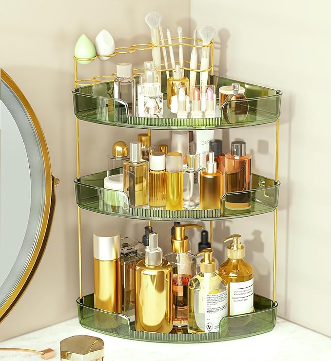 FELIZHOUSE 3-Tier Makeup Organizer for Vanity & Bathroom Countertop – Acrylic Storage Shelf with Perfume Makeup Brush Holder, Tool-Free Installation, Design for Bathroom & Dresser - Green