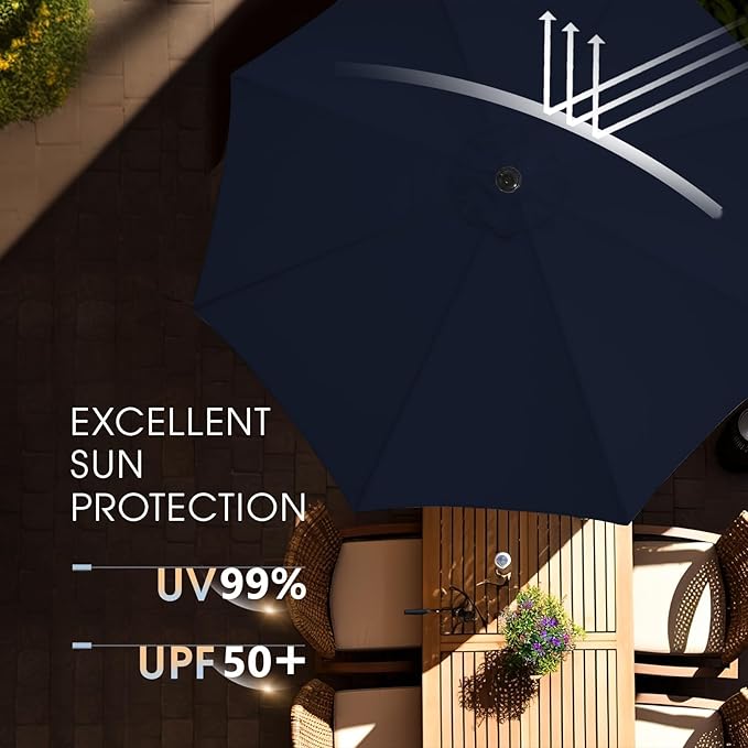 wikiwiki 9FT Patio Umbrellas Outdoor Table Market Umbrella with Push Button Tilt/Crank, 8 Sturdy Ribs, Fade Resistant Waterproof POLYESTER DTY Canopy for Garden, Lawn, Deck,Backyard&Pool,Midnight Blue